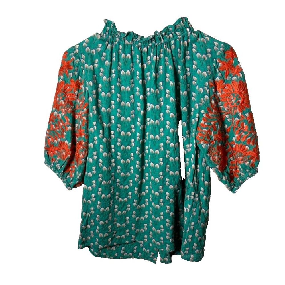 THML Blouse Women's Medium Puff Sleeve Mock Neck Boho Casual Top Shirt